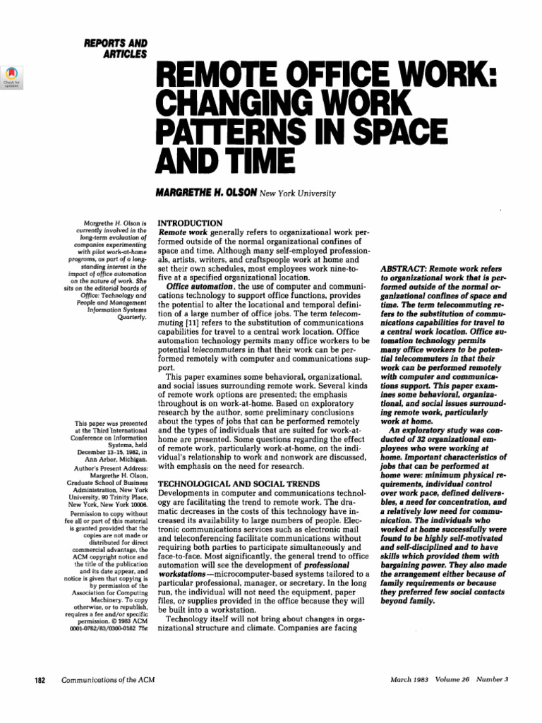 Remote Office Work: Changing Work Patterns in Space: and Time | PDF