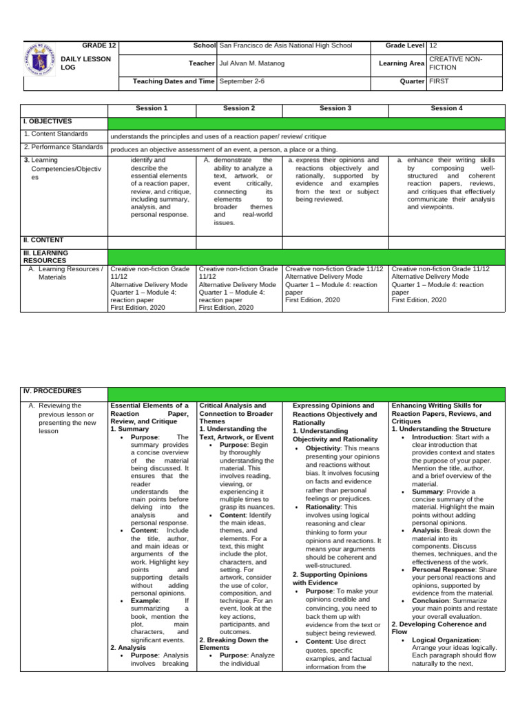 Lesson Log 9-13 CNF | PDF