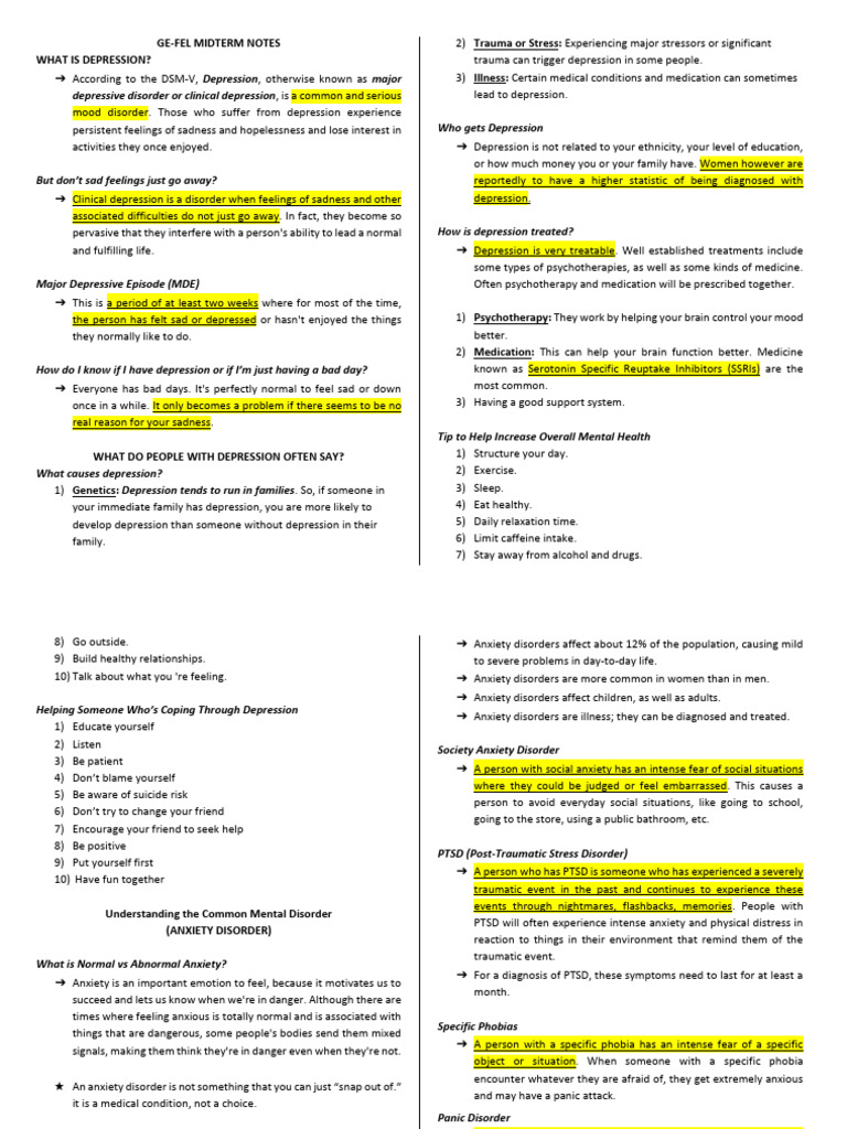GE FEL MH Midterm Notes | PDF | Psychological Trauma | Anxiety Disorder