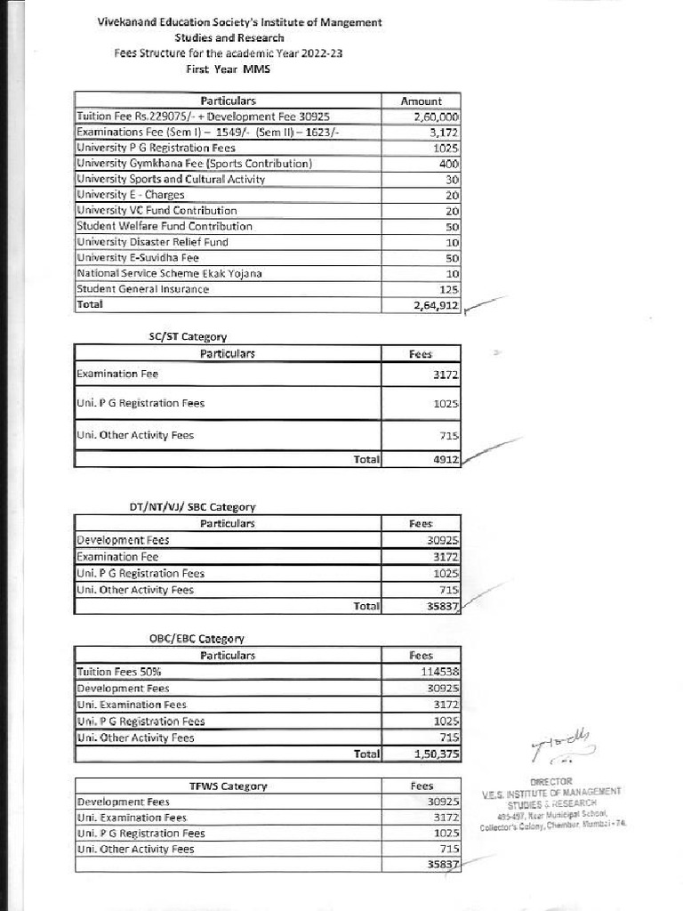 MMS First Yr Fee Structure 2022 2023 | PDF