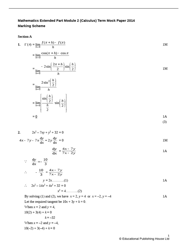 M2 Term Mock Paper Calculus Marking Scheme 2014 Eng | PDF