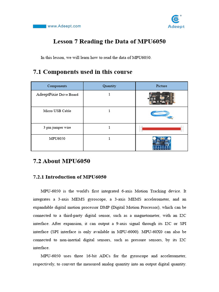 Lesson 7 Reading The Data of MPU6050 | PDF