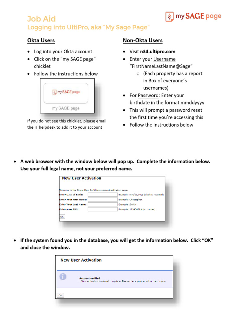 Logging Into UltiPro Aka MySAGEpage Job Aid PDF User Computing 
