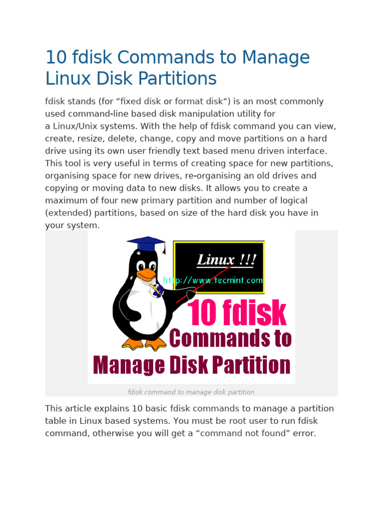 10 Fdisk Commands To Manage Linux Disk Partitions | PDF
