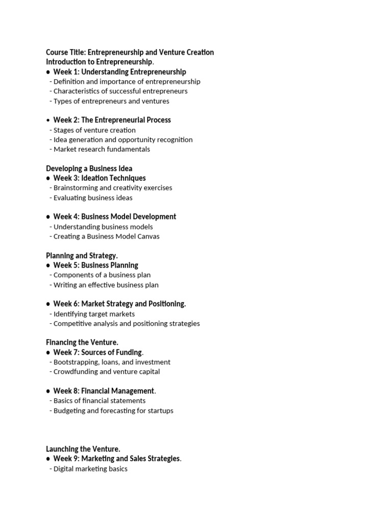 Entrepreneurship and Venture Creation Course | PDF | Business