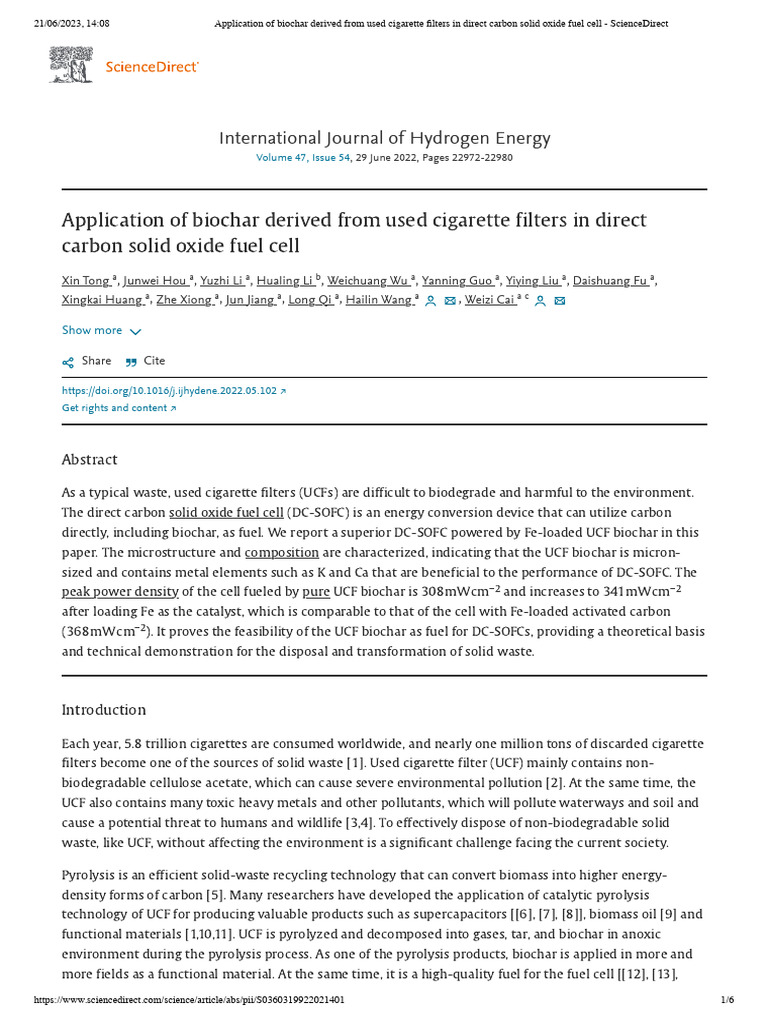 Application of Biochar Derived From Used Cigarette Filters in Direct ...