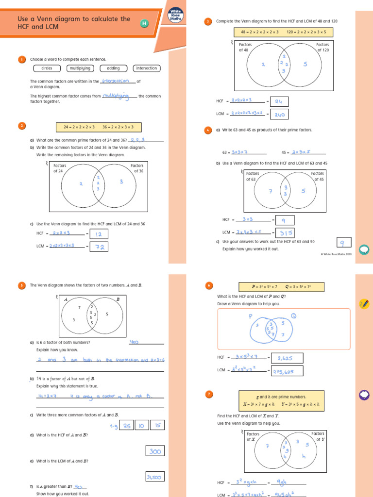 Y7 Summer Block 5 ANS8 Use A Venn Diagram To Calculate The HCF and LCM ...