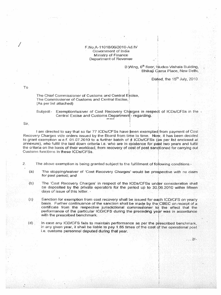 Cost Recovery Exemption Letter - 15.07.2010 - CWC Logistics Park | PDF