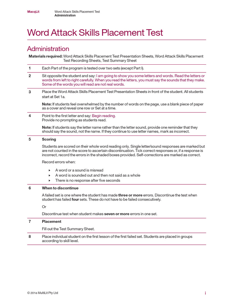 MacqLit Word Attack Skills Test Guide | PDF | Learning | Pedagogy