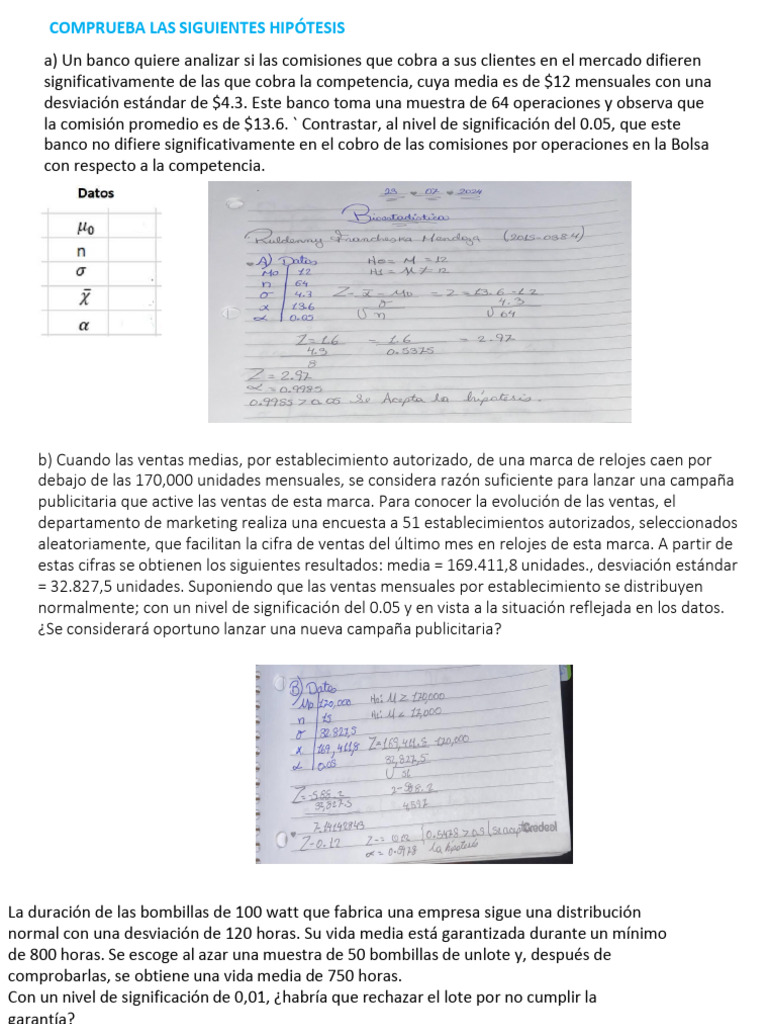 EJERCICIOS COMPROBACION DE HIPOTESIS PRIMERA PARTE - Compressed | PDF