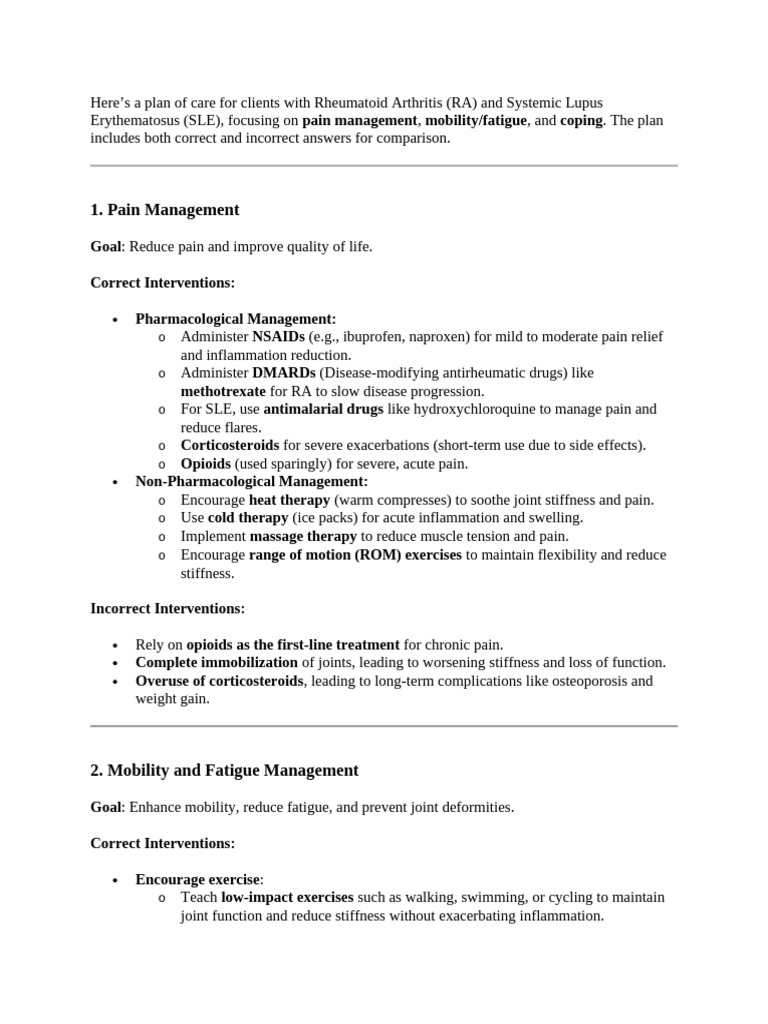 RA and SLE Plan of Care | PDF | Pain Management | Health Care
