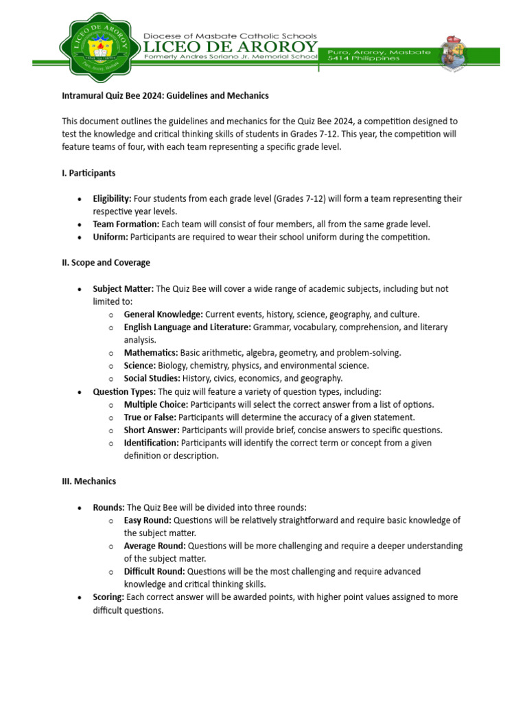 Quiz Bee 2024: Guidelines and Mechanics | PDF | Science | Social Science