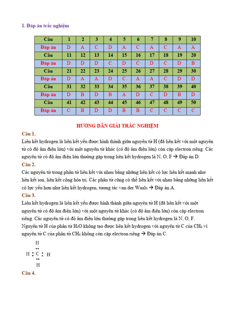 BT Liên kết hydro và tương tác Van der Waals DAP AN | PDF