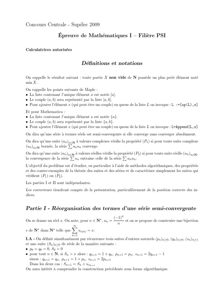 CentraleSupélec 2009 PSI Mathématiques 1 Ea | PDF