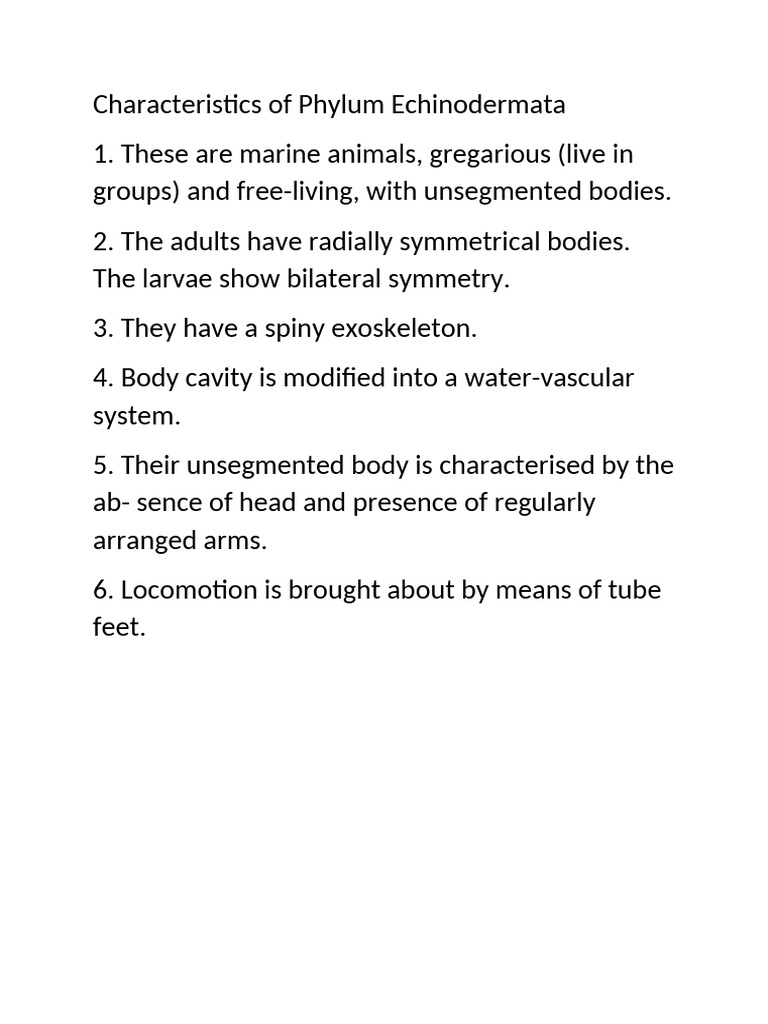 Characteristics of Phylum Echinodermata | PDF