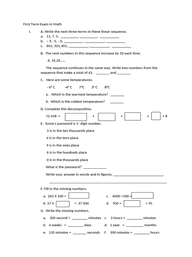First Term Exam in Math | PDF