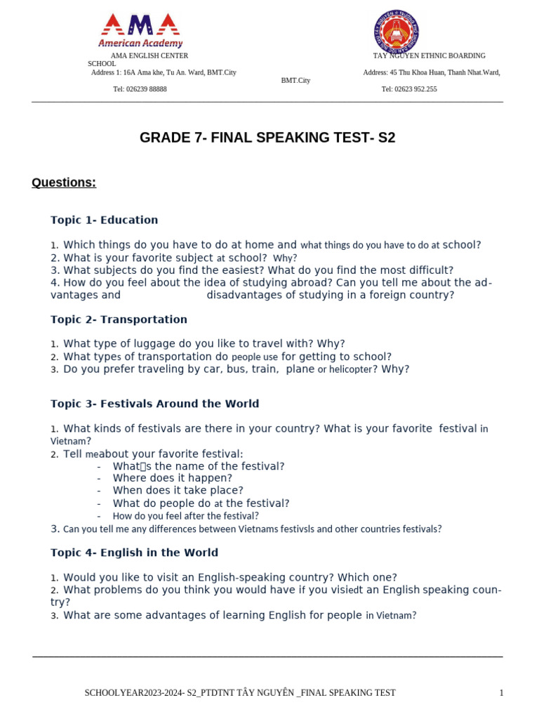 Grade 7 FinalTest SemesterII Final Ok | PDF | Learning | Human ...