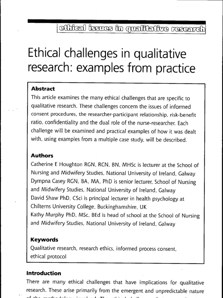 Ethical Challenges in Qualitative Research: Examples From Practice | PDF |  Qualitative Research | Informed Consent