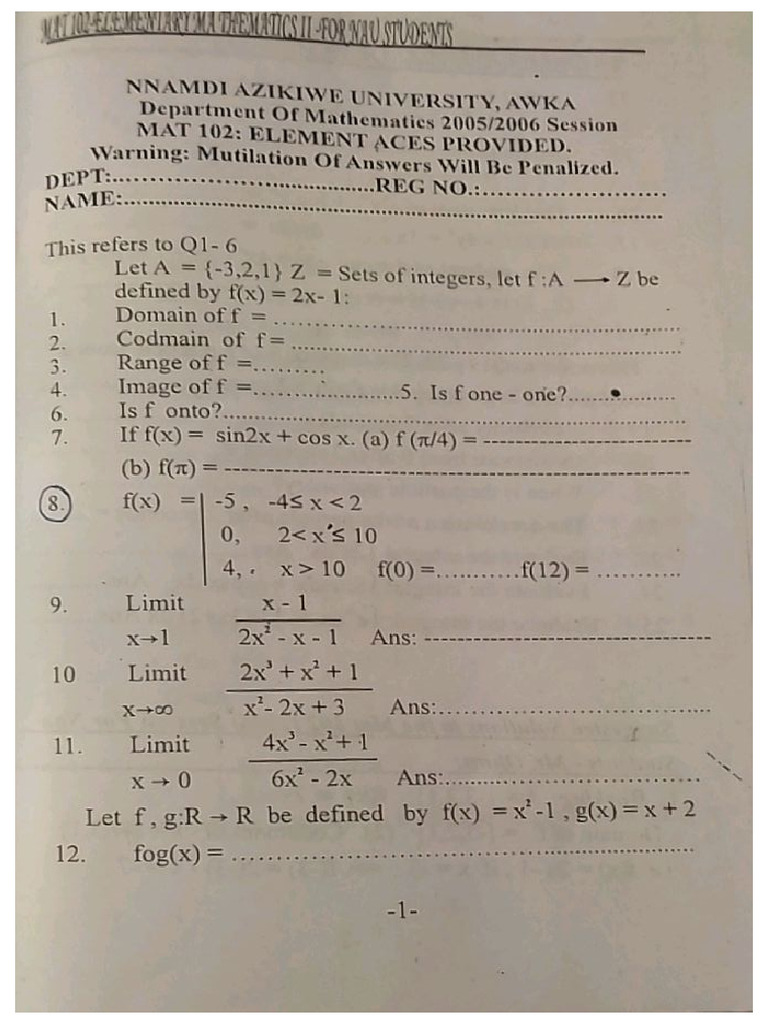 Math 102 Past Questions-1 | PDF