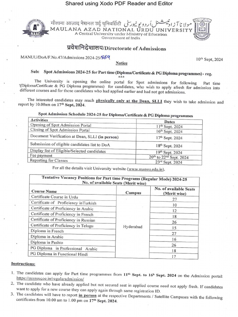 Spot Admission of Part Time Programmes - 2024-25 | PDF