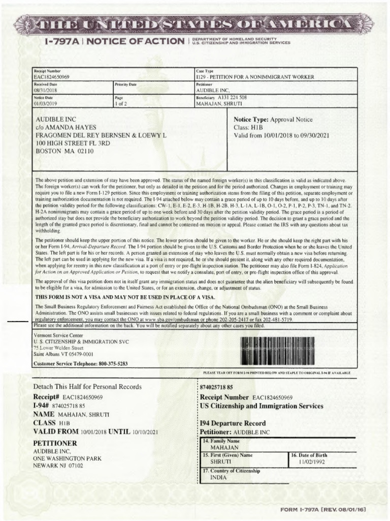 Audible Shruti_I-129 Approval Notice | PDF