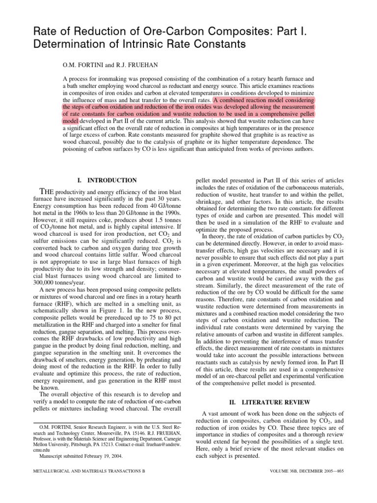 Intrinsic Rate Constants for Ore-Carbon Reduction | PDF | Carbon | Redox