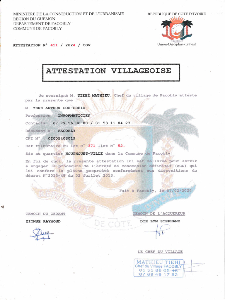 Attestation Villageoise | PDF