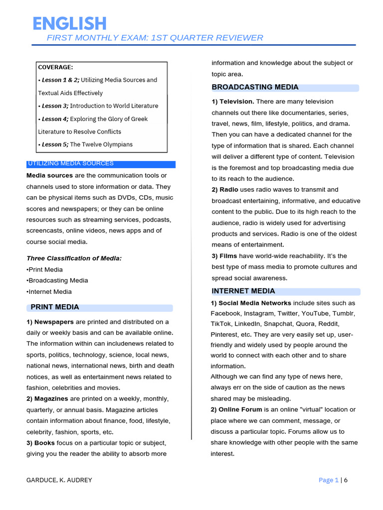 English Reviewer - 1ST Monthly Test | PDF