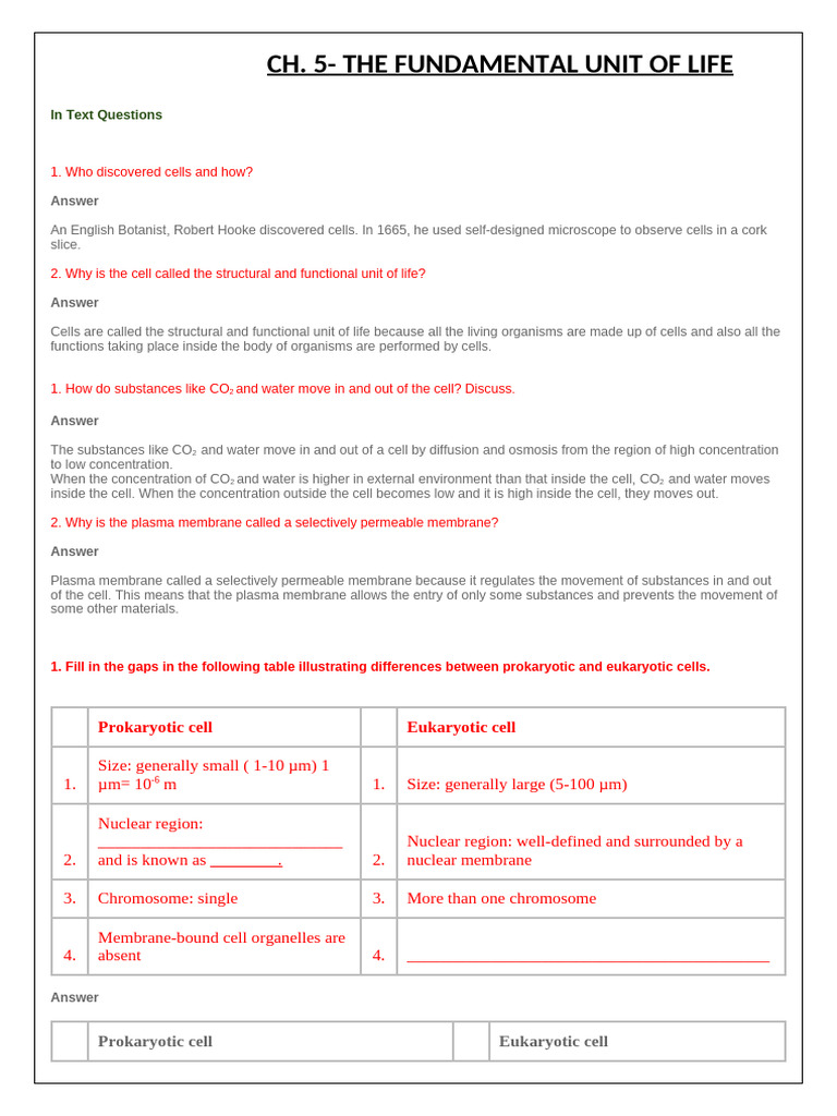 IX - CH 5 - FUNDAMENTAL UNIT OF LIFE - INTEXT Q&A | PDF