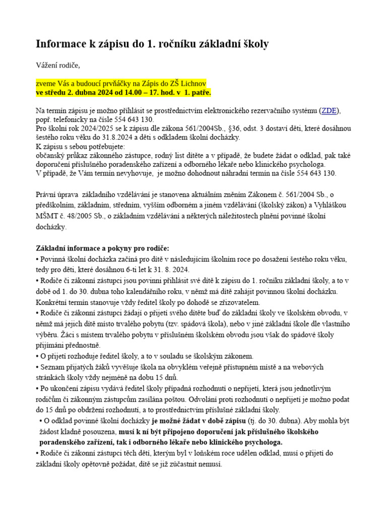 Informace Zápis 2024-25 | PDF