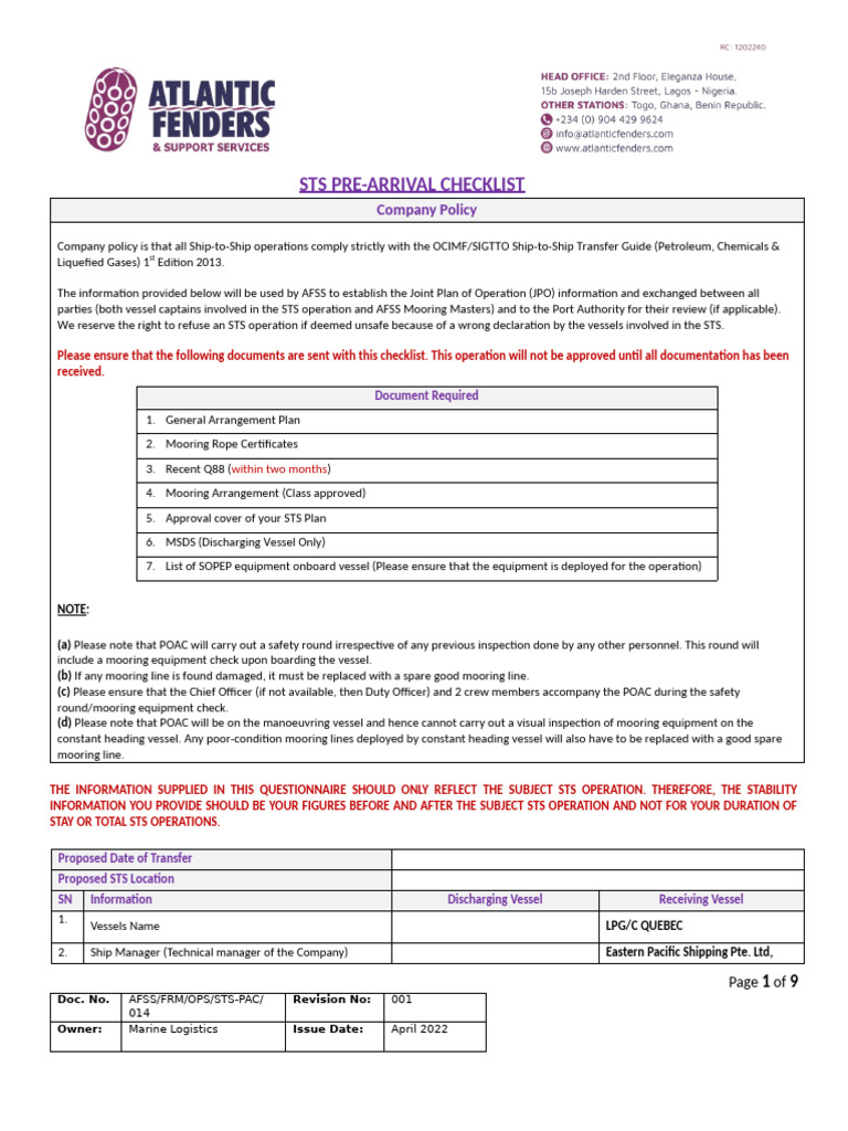 Afss STS Pre-Arrival Questionnaire | PDF