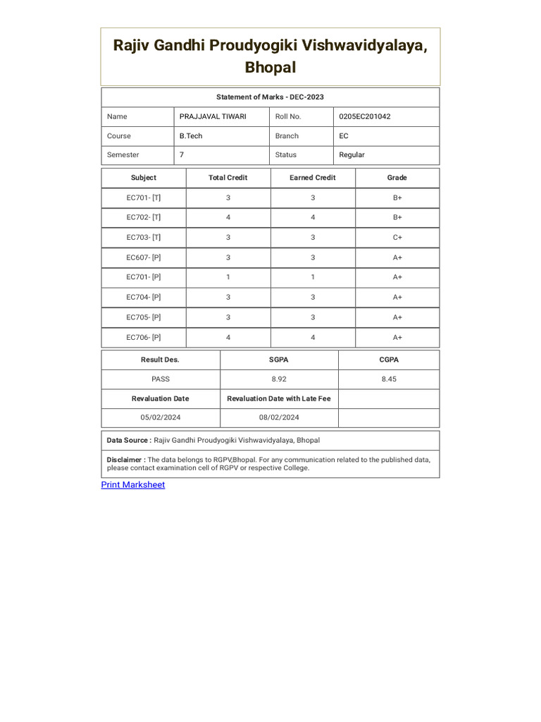RGPV Result 7sem | PDF
