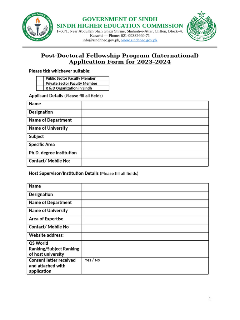 Sindh Post-Doctoral Fellowship Application 2023 | PDF | Doctor Of ...
