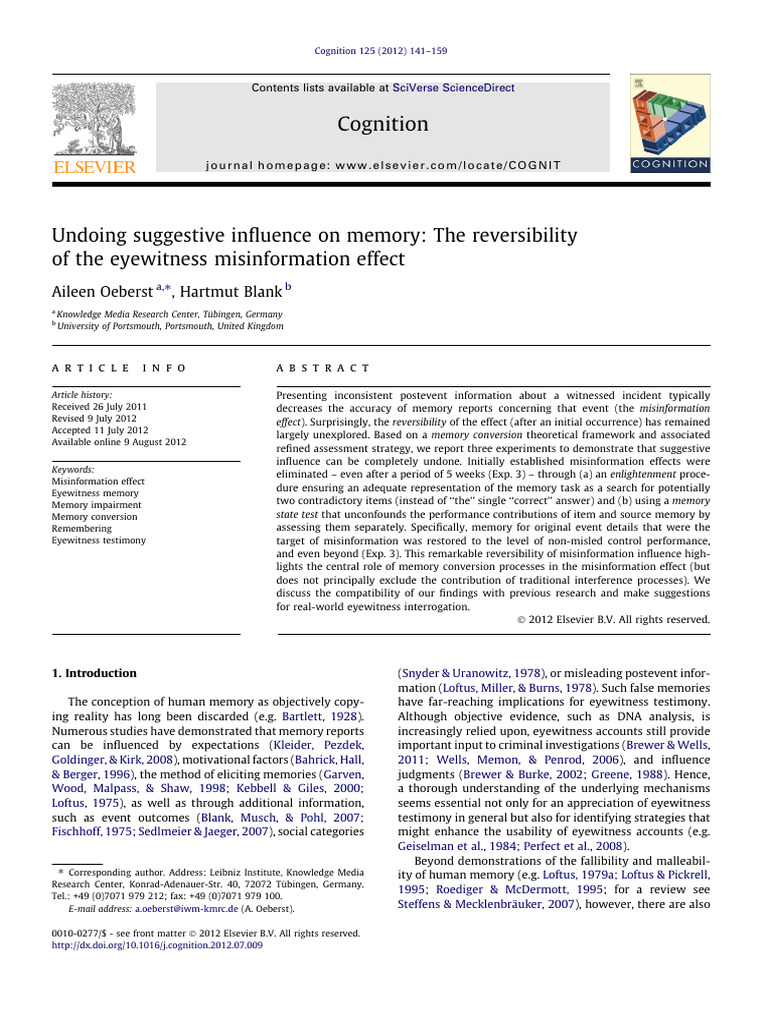 Oeberst & Blank 2012 Undoing Suggestive Influence On Memory | PDF