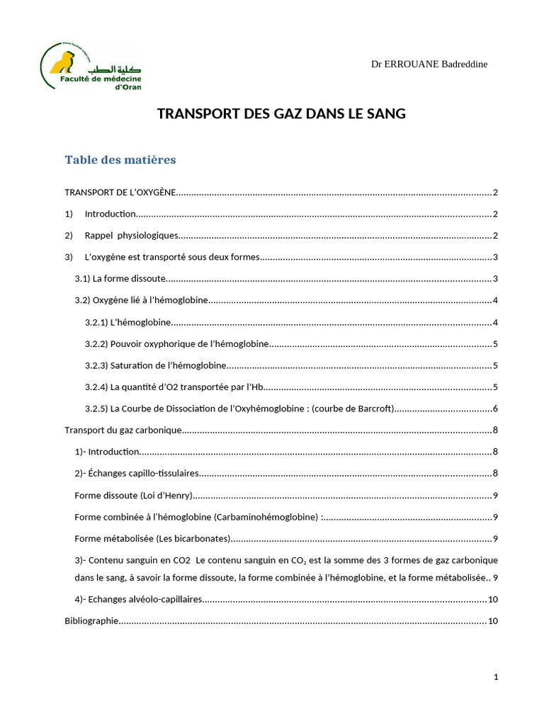 Transport Des Gaz Dans Le Sang PDF — free download