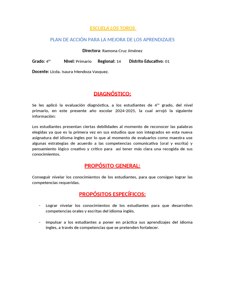 Plan de Accion para La Mejora de Los Aprendizajes Primaria | PDF