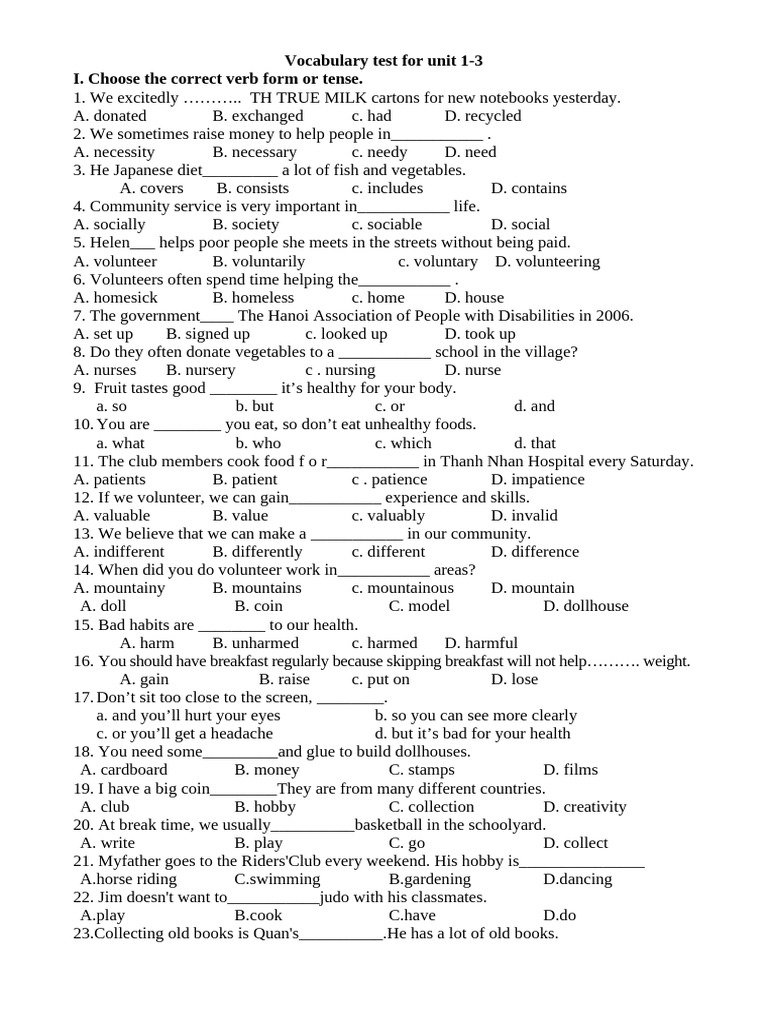 Vocabulary Test For Unit 1 - 3 - Review | PDF