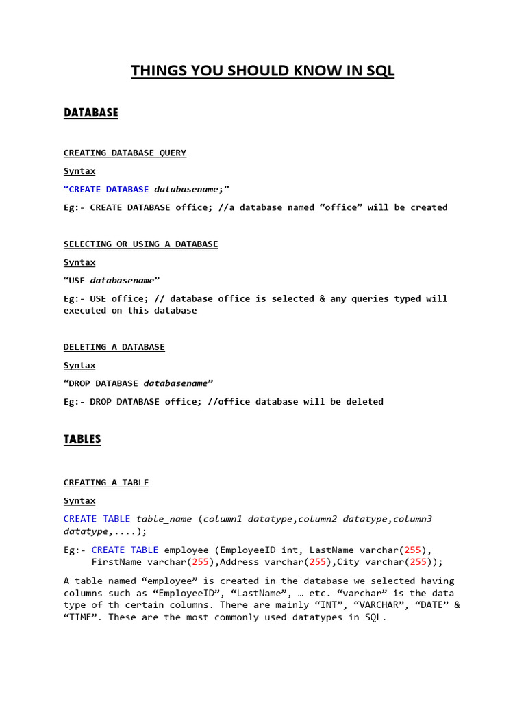 Things You Should Know in SQL: Database | PDF