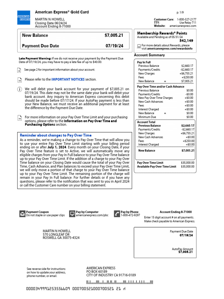 New Balance $7,005.21 Payment Due Date 07/19/24: American Express® Gold ...