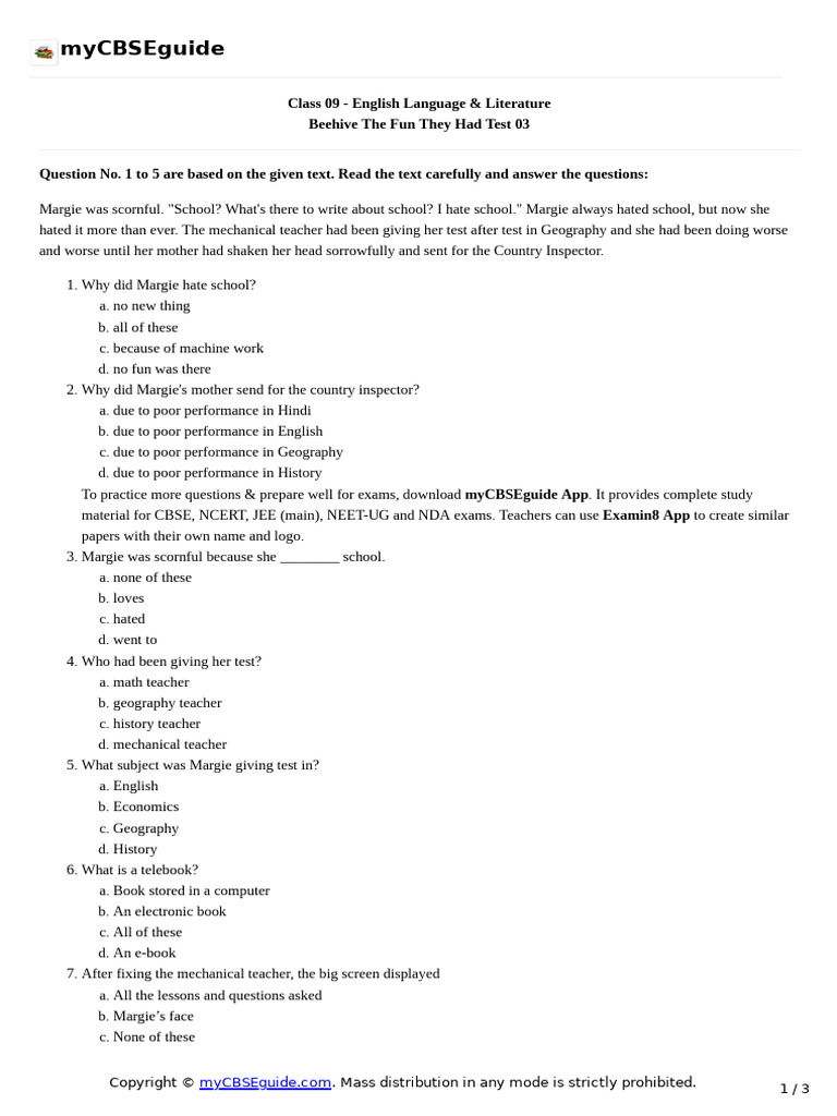 Mycbseguide Class 09 English Language & Literature Beehive The Fun