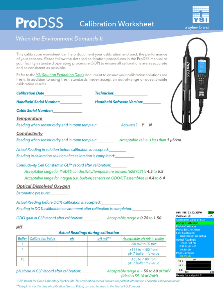 W87 YSI ProDSS Calibration Worksheet | PDF