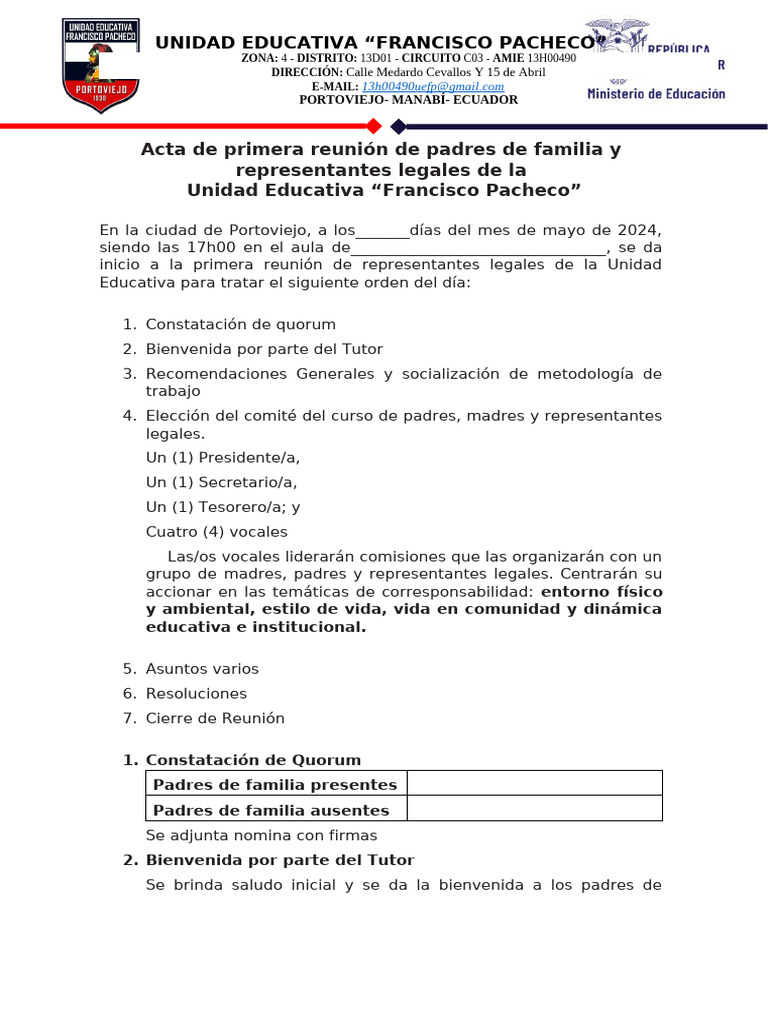 Acta Reunion Padres de Familia 2024-2025 | PDF