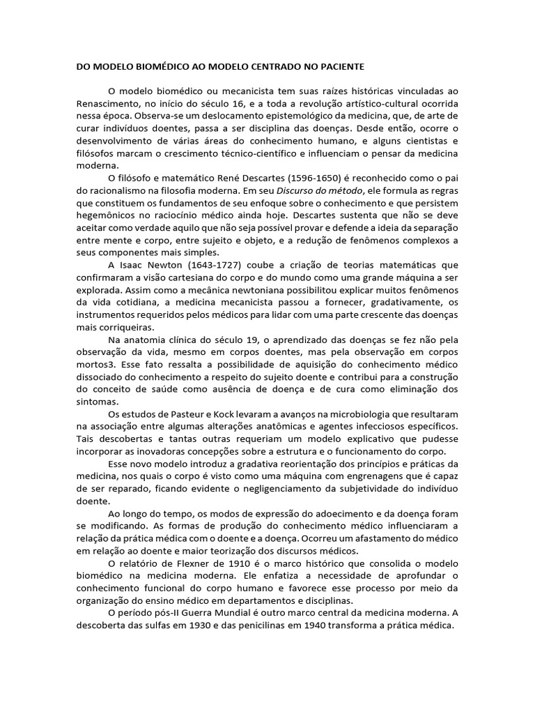 DO MODELO BIOMÉDICO AO MODELO CENTRADO Texto para Sala de Aula | PDF