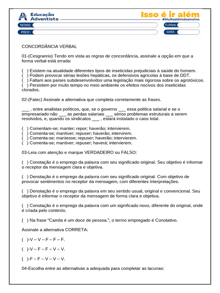 Concordância Verbal: Exercícios e Questões | PDF