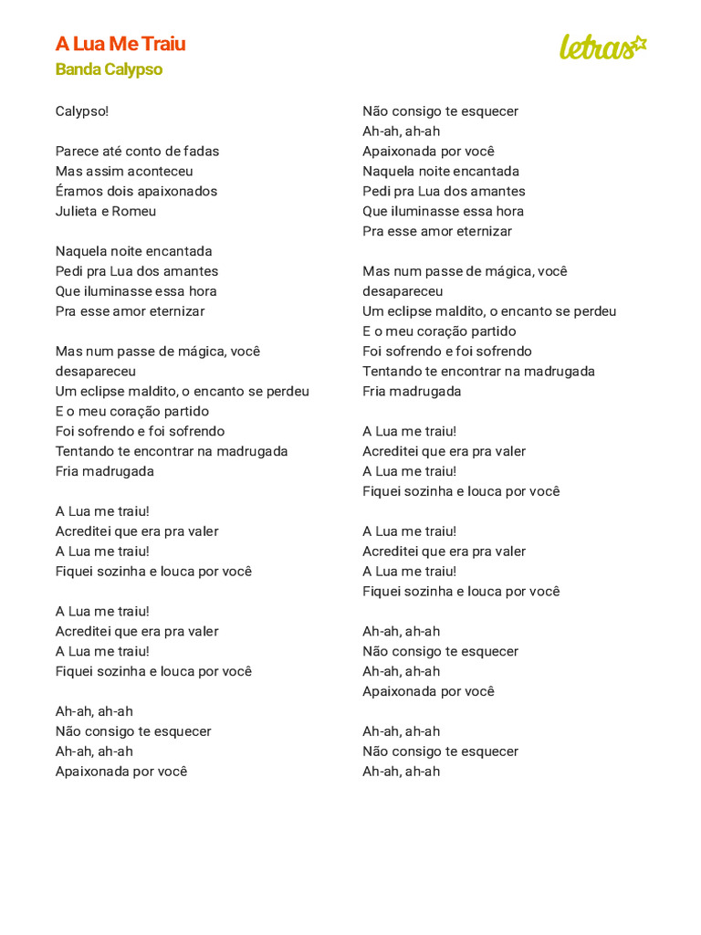 A LUA ME TRAIU - Banda Calypso (Impressão) | PDF
