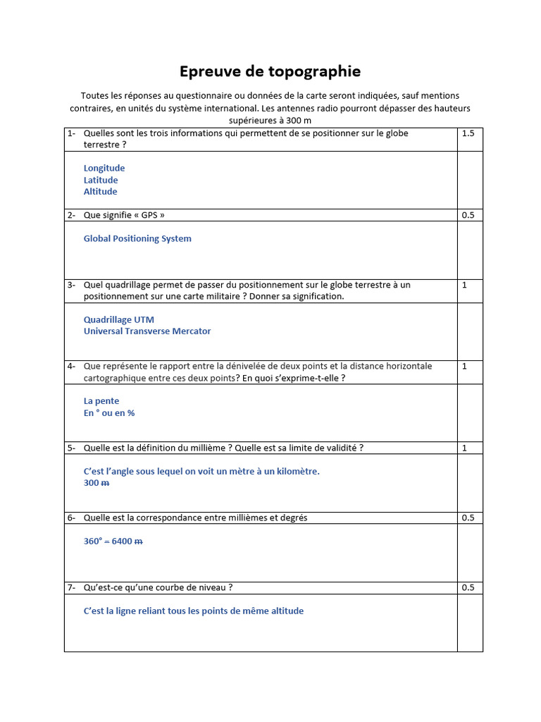 Questionnaire sur la topographie et le GPS | PDF | Topographie ...