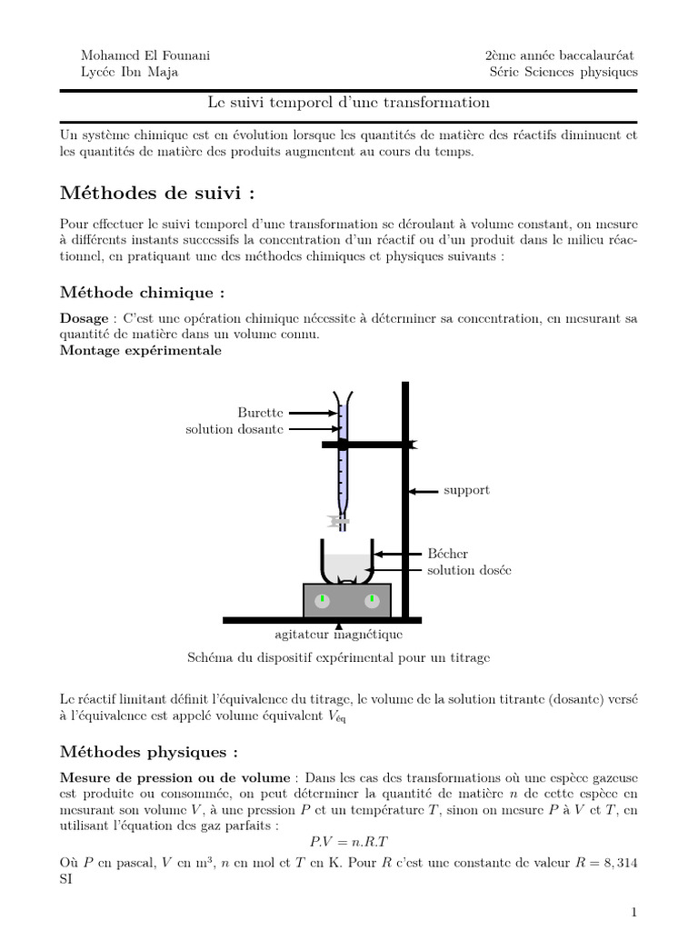 Suivi Temporel D Une Transformation Chimique Vitesse de Reaction Cours ...