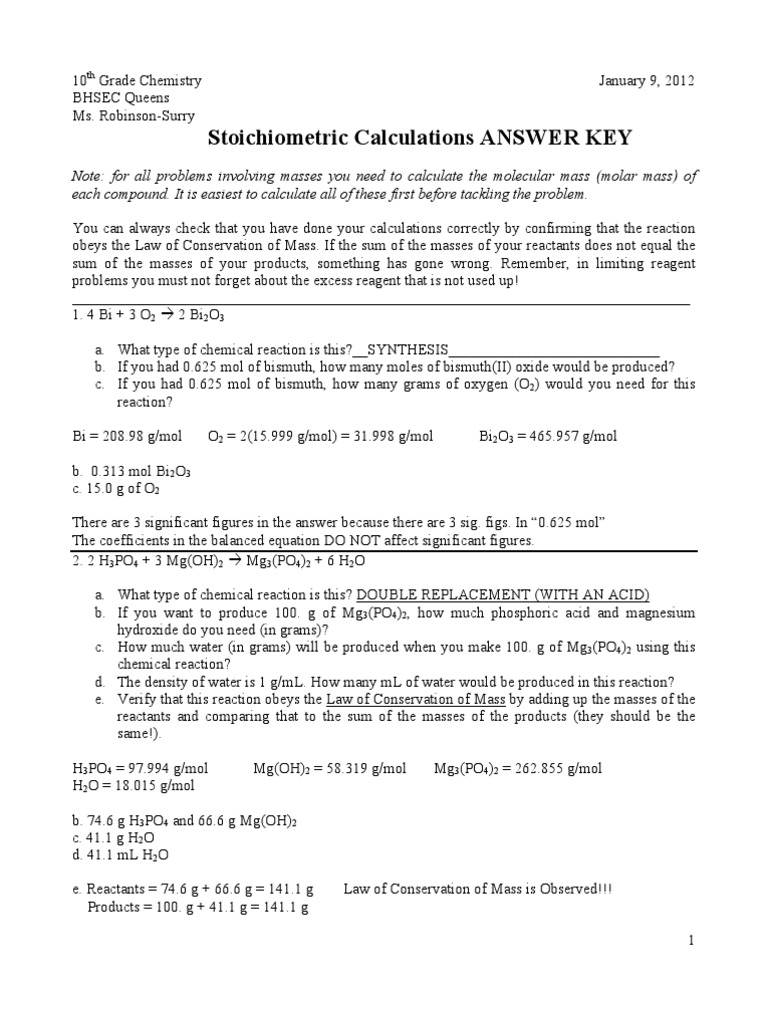 Stoichiometric Calculations Worksheet Key Mole Unit Hydrochloric Acid