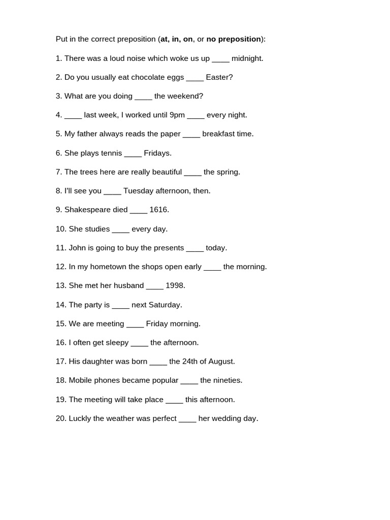 Put in The Correct Preposition | PDF