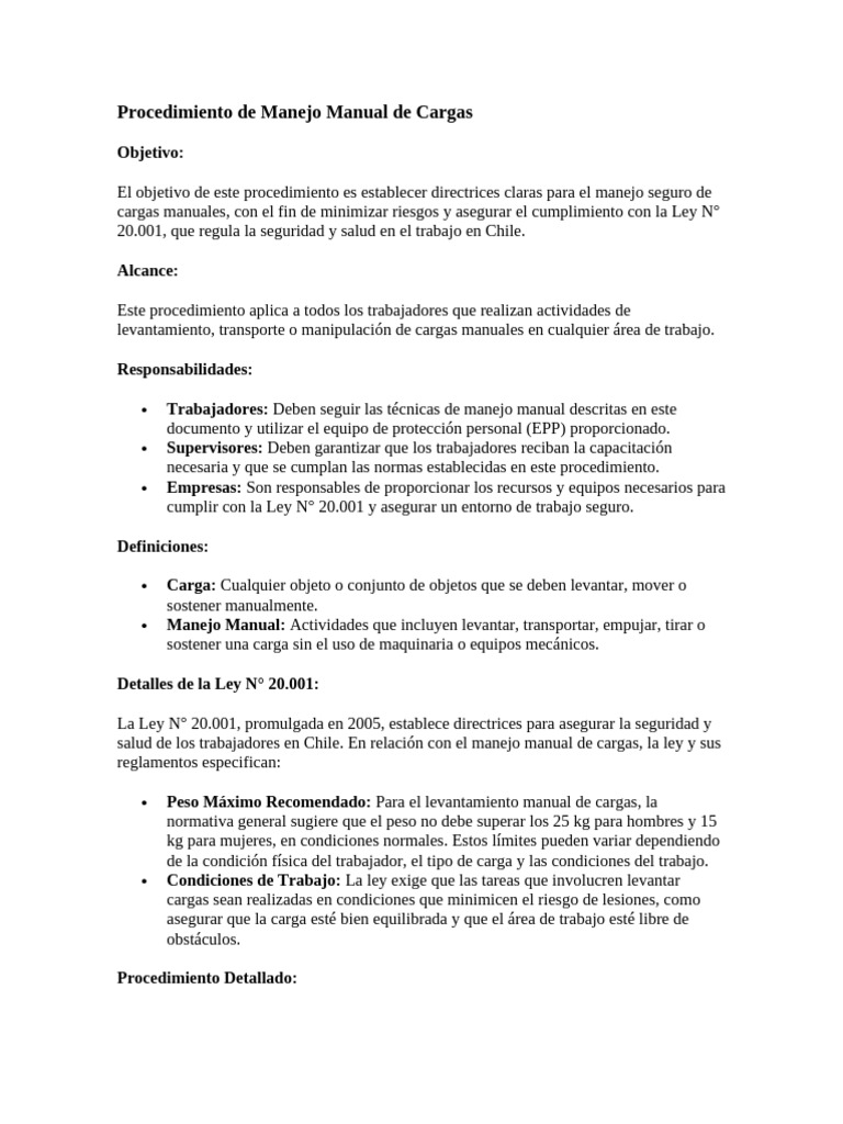 Procedimiento de Manejo Manual de Cargas | PDF